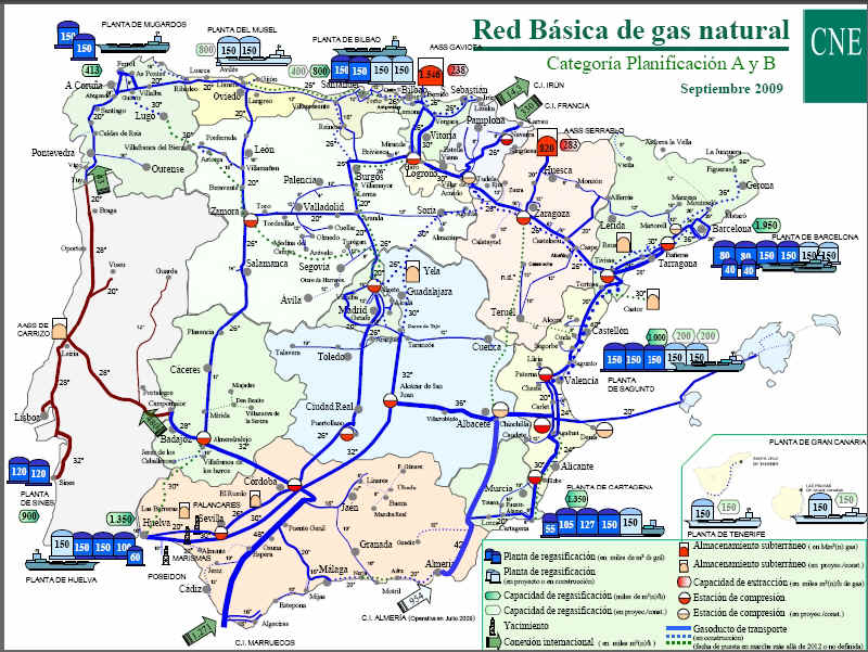 Mapa de infraestructuras gasistas (fuente CNE)